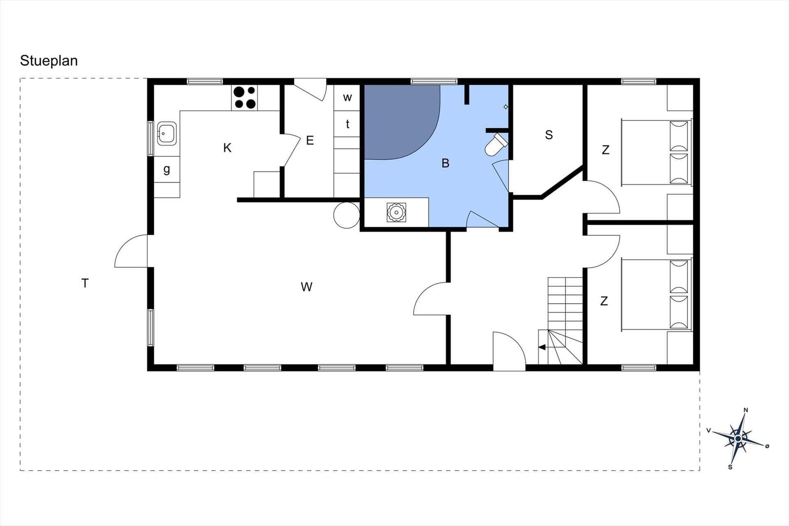 Dieses Grundriss zeigt eine Wohnung mit Küche, Bad und zwei Schlafzimmern.