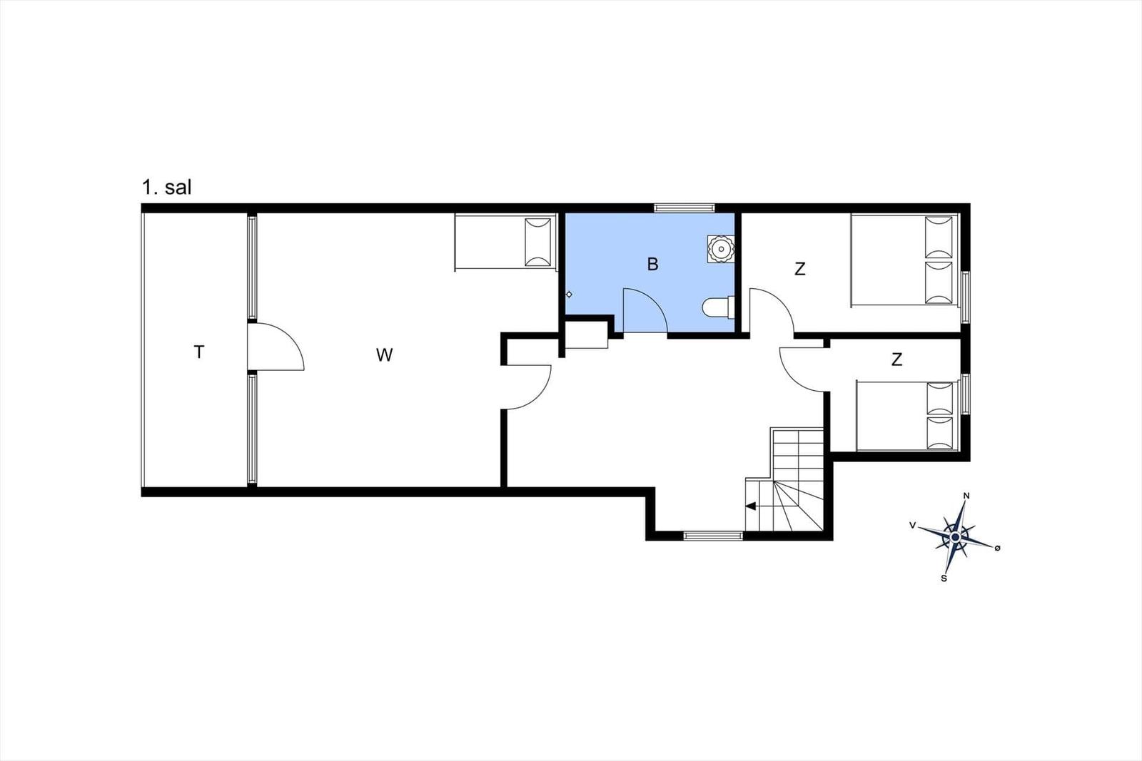 Erdgeschossplan mit Wohnbereich, zwei Schlafzimmern und Bad.