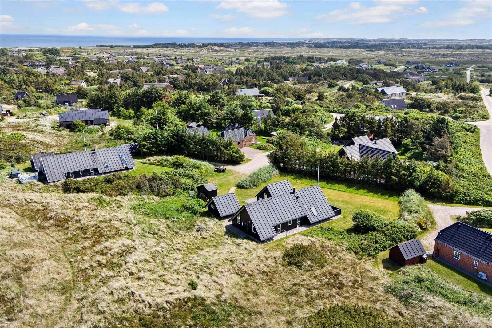 Aerial view of vacation homes on grassy dunes near the sea.