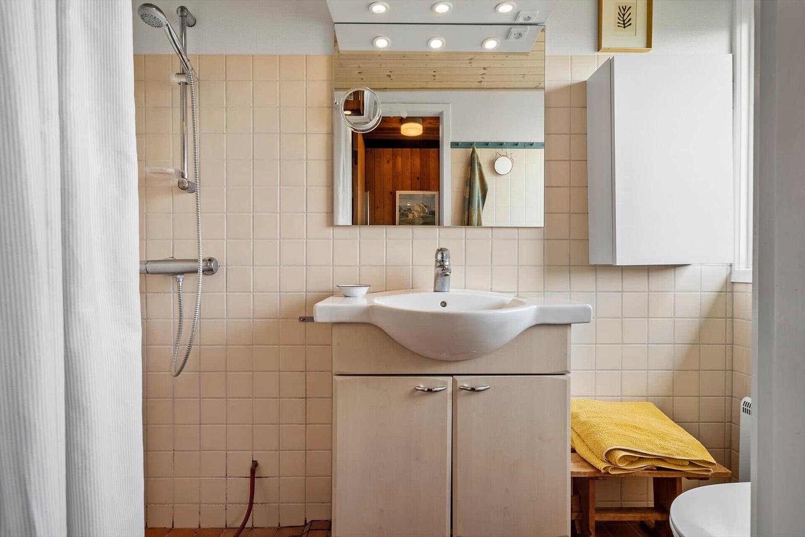 Badezimmer mit Dusche, Waschbecken und Spiegel.