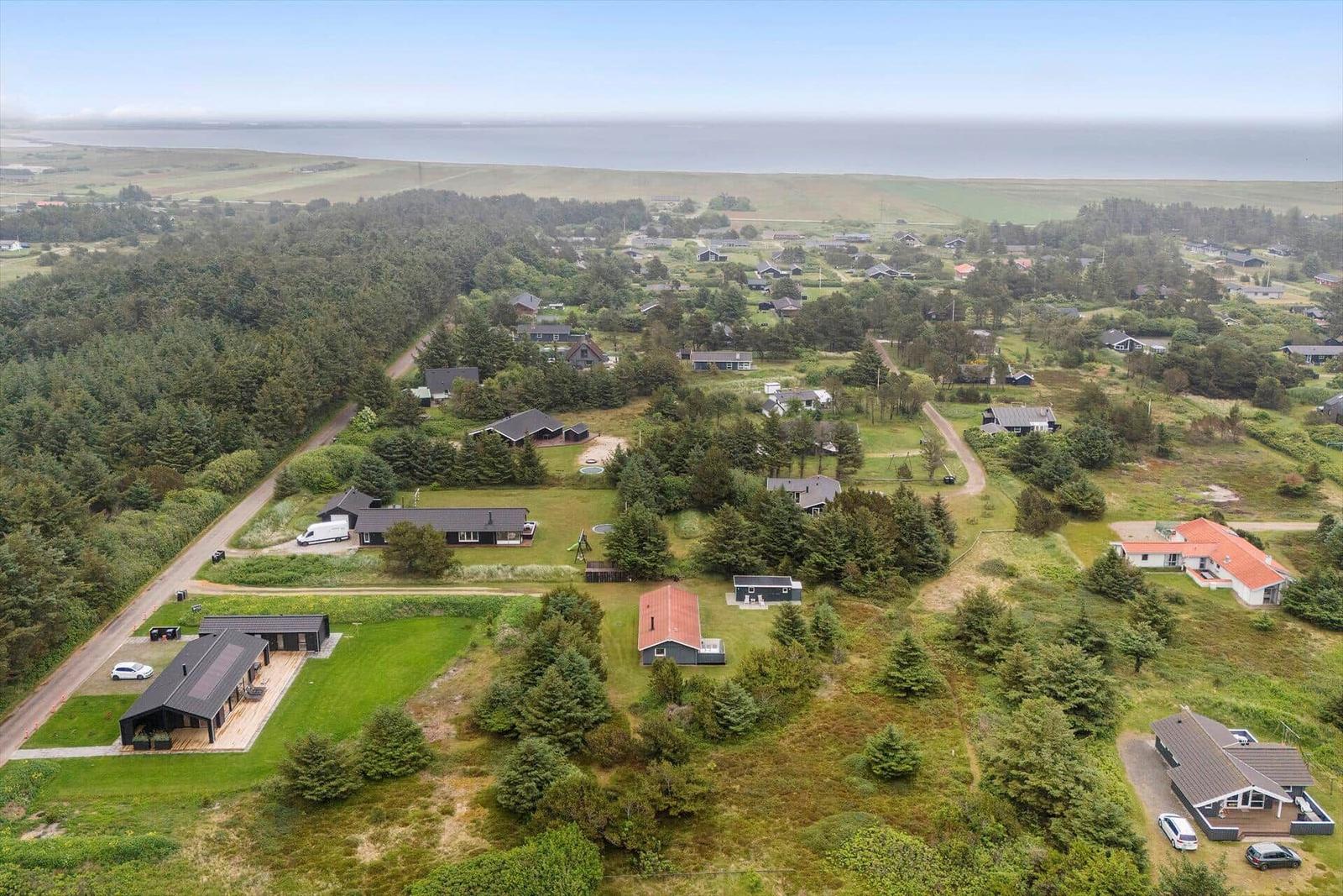 Luftbild von Ferienhäusern in einer grünen Landschaft mit Wald und Meer im Hintergrund.