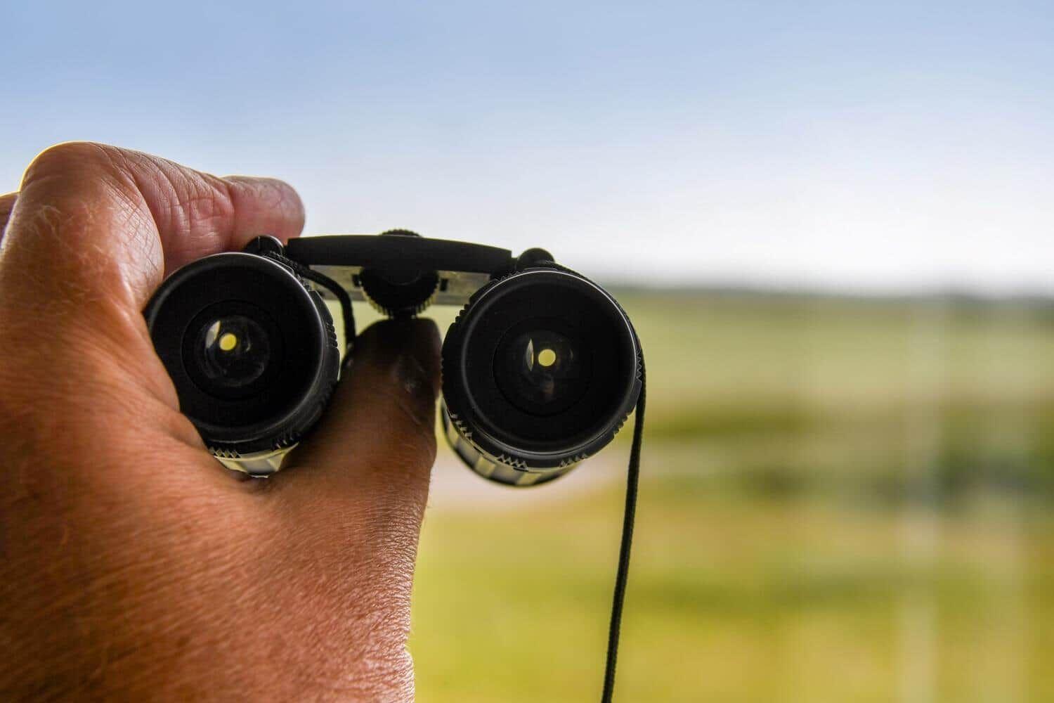 Hand hält Fernglas vor grünes Feld und blauen Himmel.