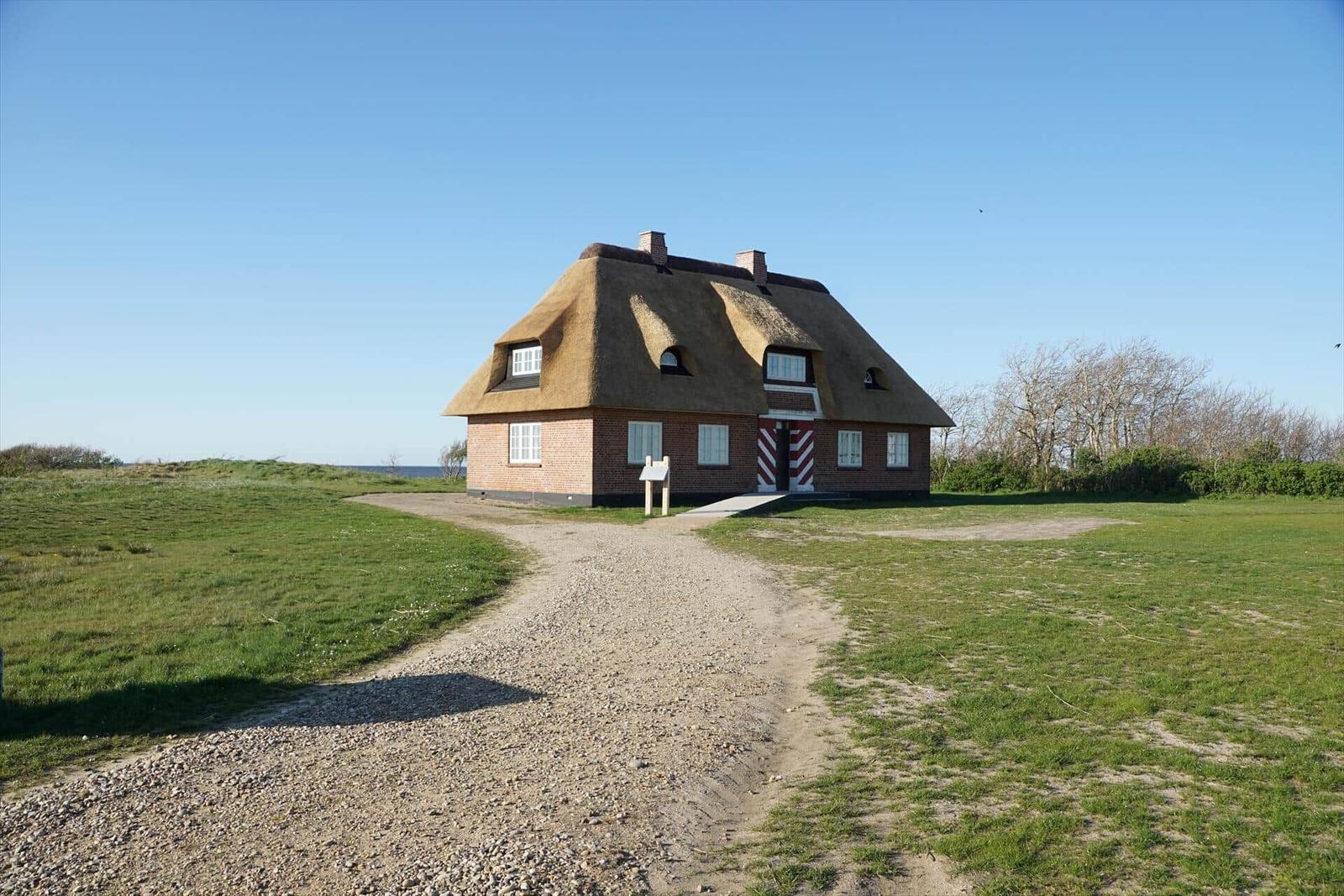 Haus mit strohgedecktem Dach und rotem Ziegelmauerwerk auf grünem Grund.