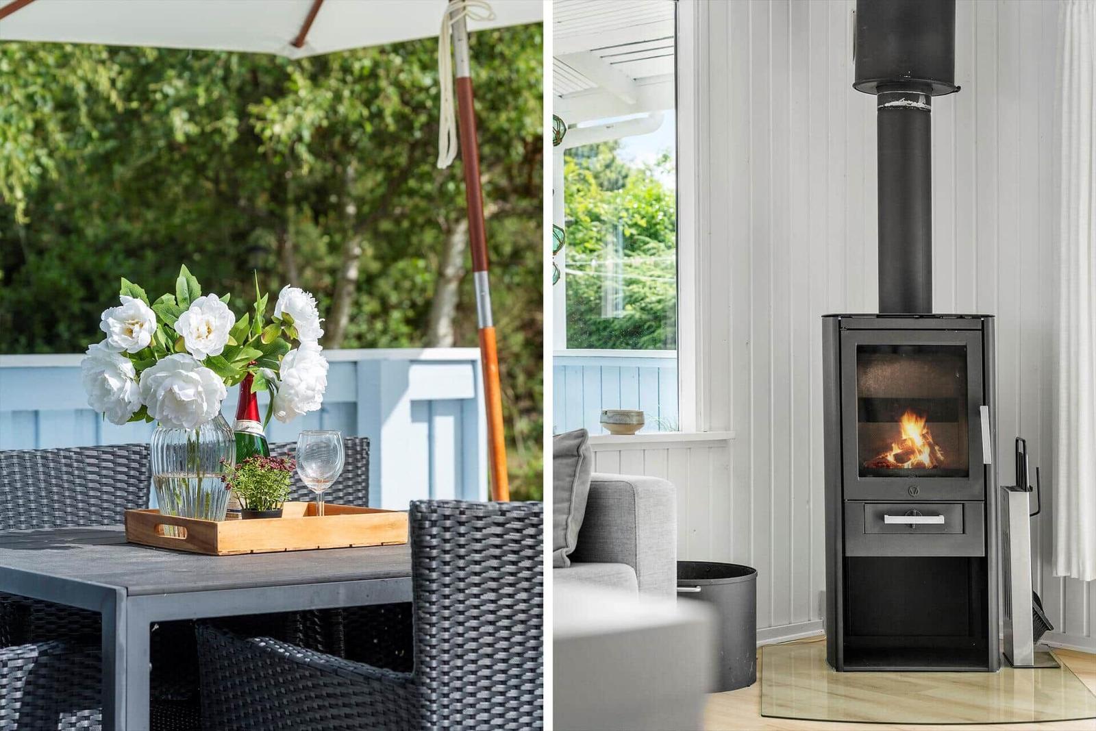 Außenbereich mit Tisch, Stühlen und Blumen. Innen: Kamin mit brennendem Holz und Sofa.