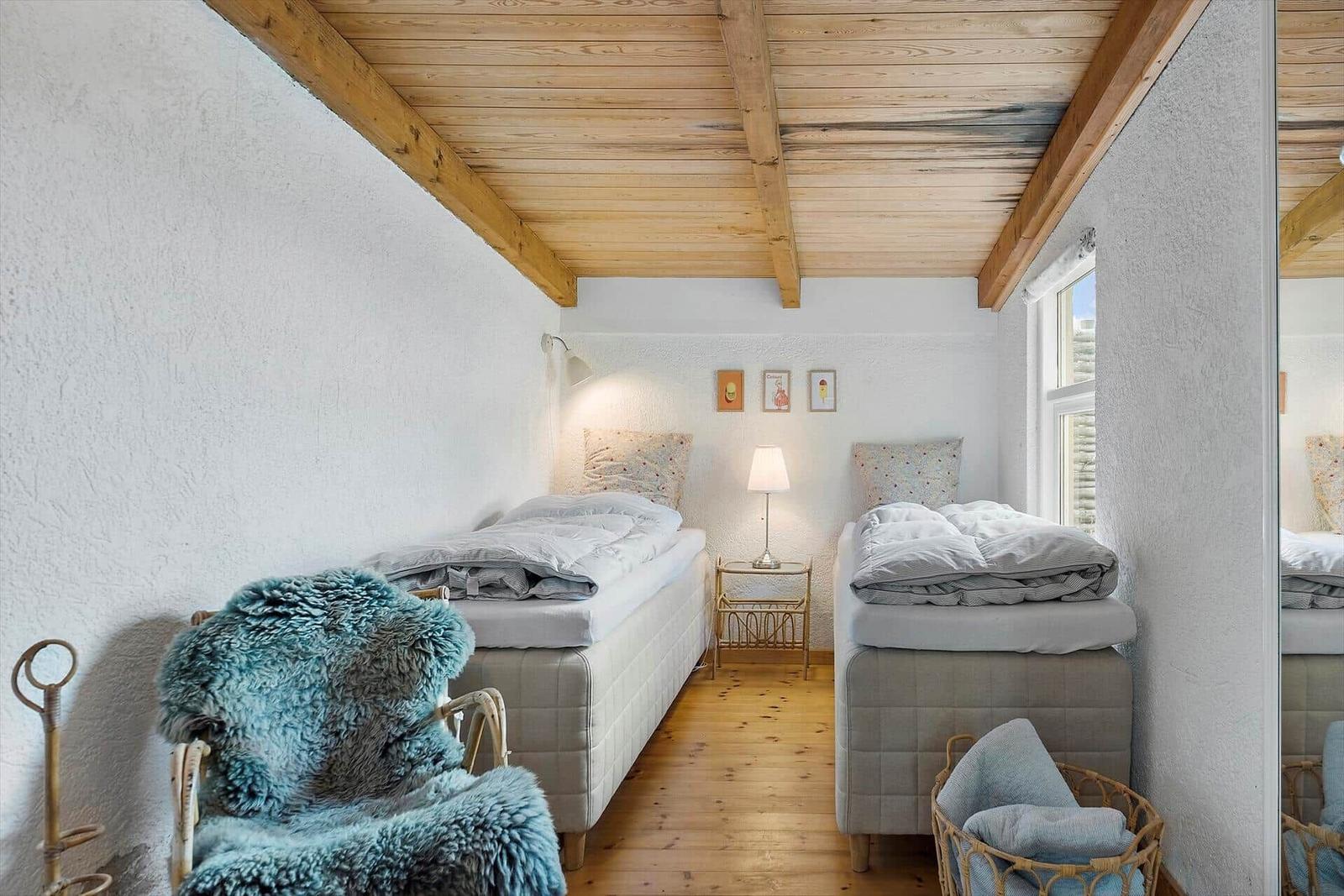 Two single beds, wooden floor, ceiling beams, window, nightstand, chair with fur blanket.