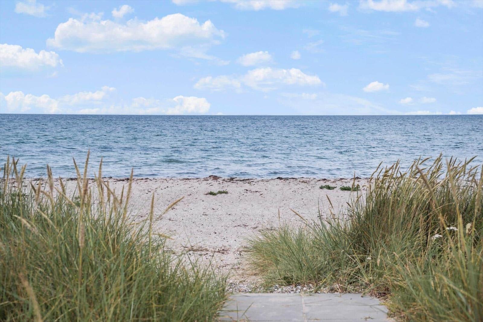 A path leads through grass to the beach and sea under a blue sky with white clouds.
