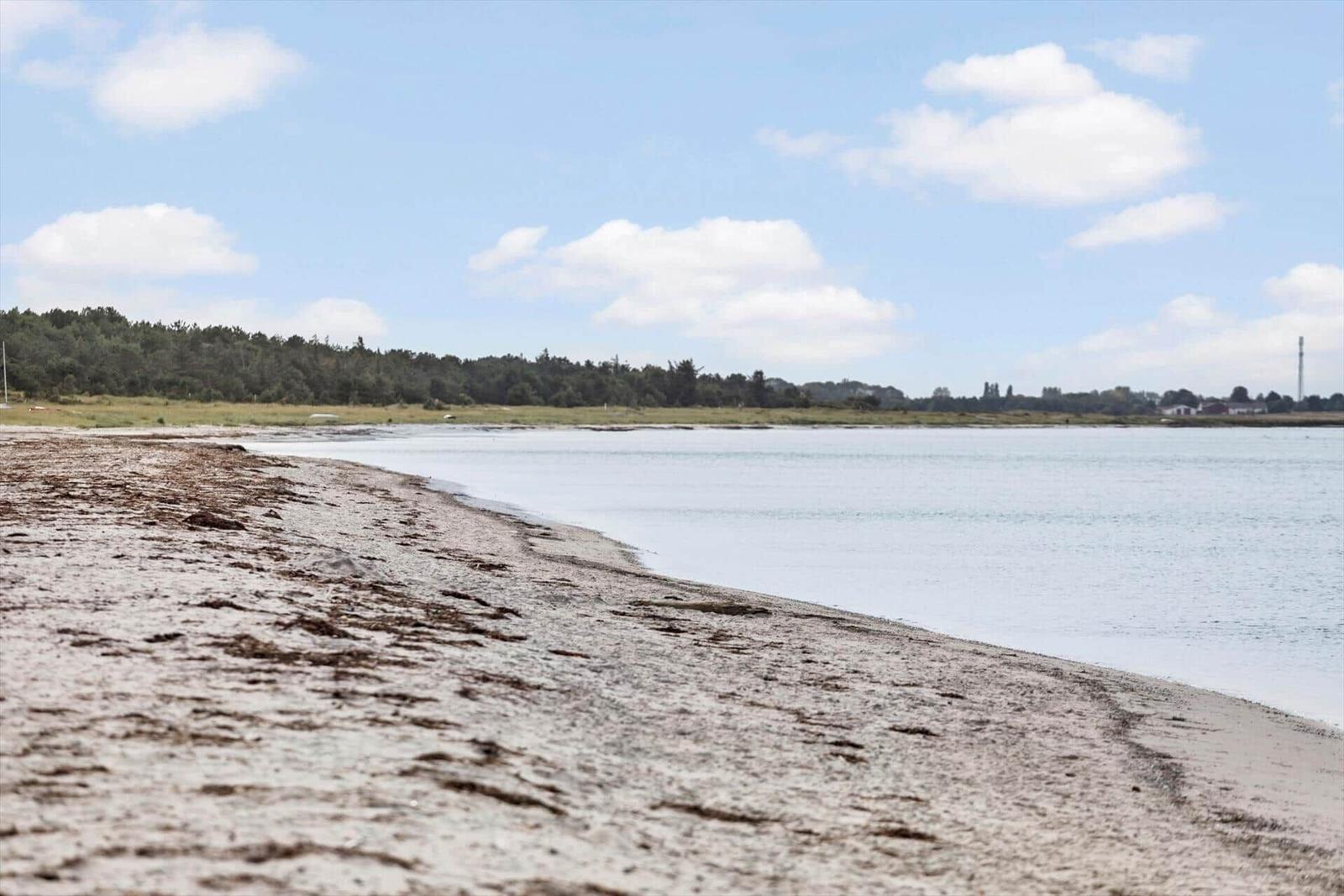 Beach with sandy shore and calm water under blue sky with white clouds.