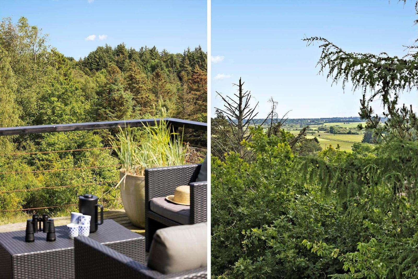 Terrace with view of forest and fields. Garden furniture and plants in foreground.