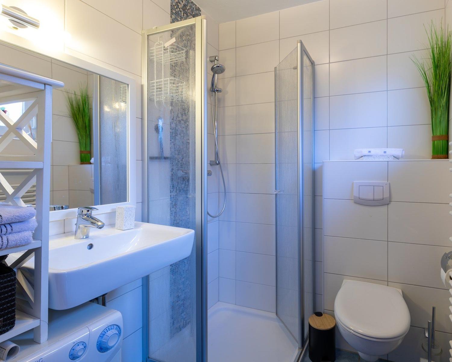 Badezimmer mit Dusche, Waschbecken und Toilette. Fliesenwand und Spiegel sichtbar.