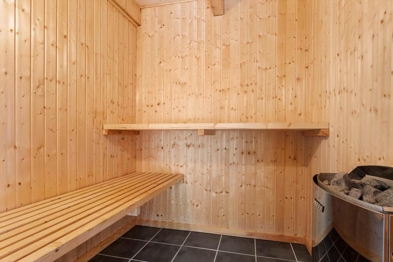 Sauna mit Holzwand, Sitzbänken und Steinbecken.