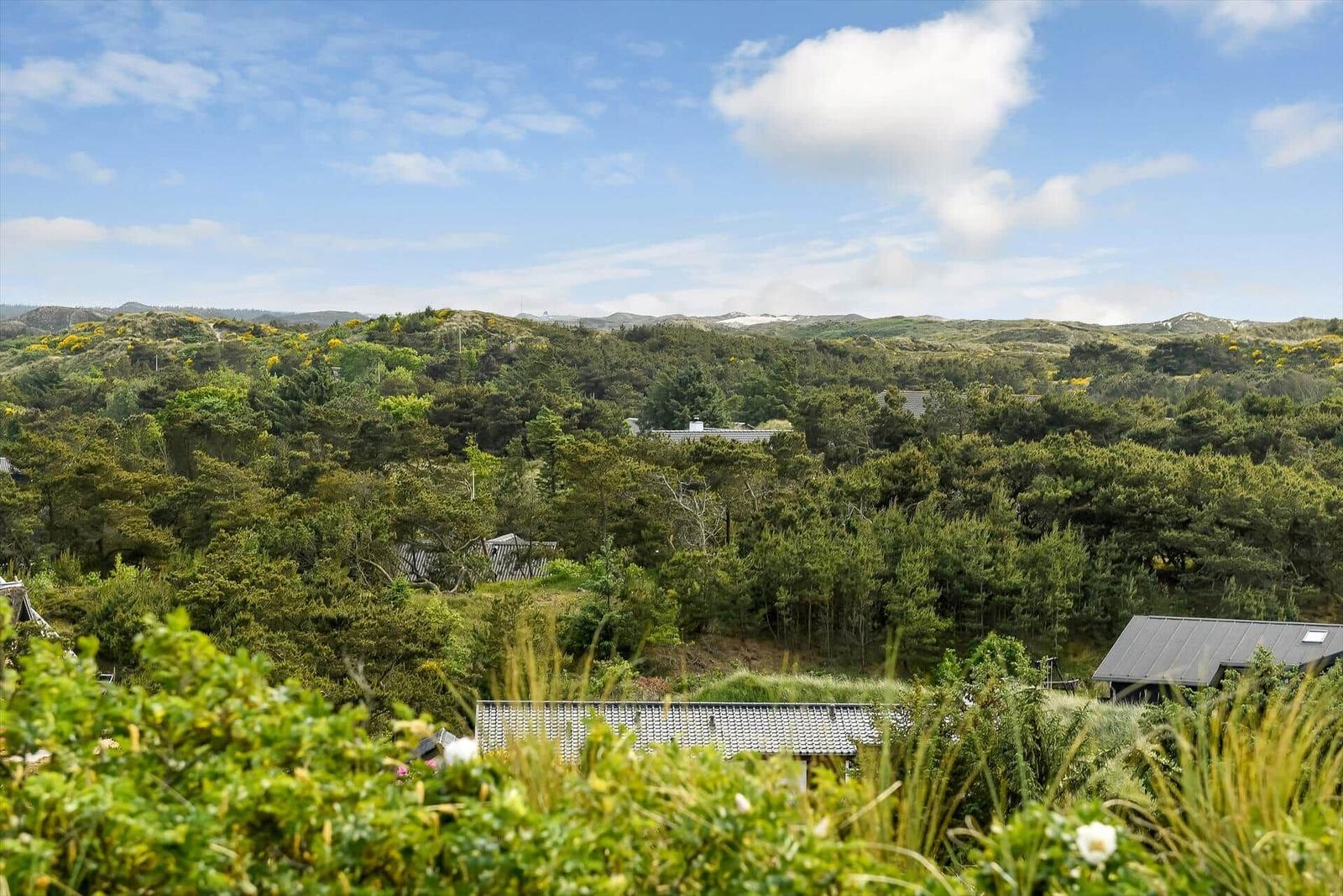 Panoramic view of green hills with trees and houses under blue sky.