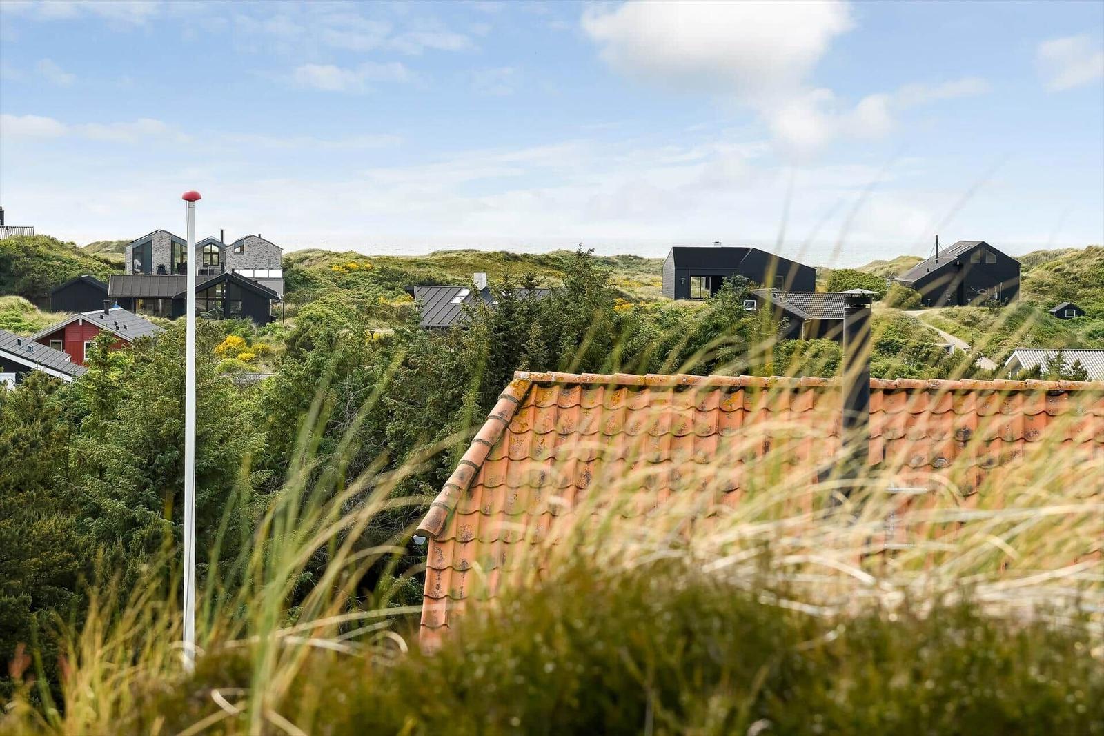 Village houses on green dunes with red roofs and blue sky.