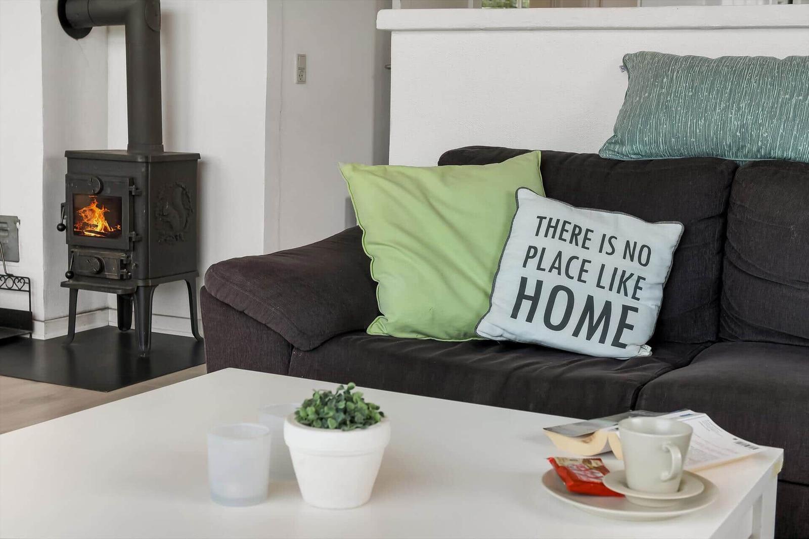 Living room with sofa, cushions, and wood stove. A cup sits on the table.