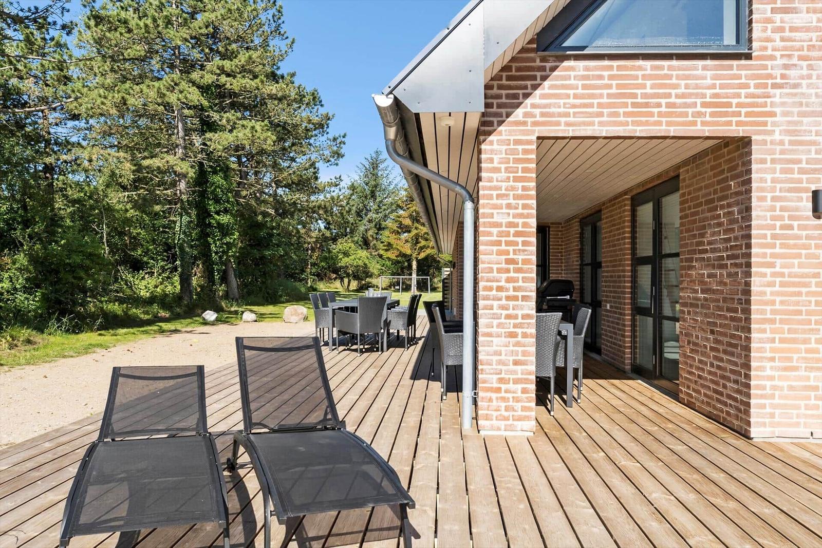 Terrasse mit Liegen, Tisch und Stühlen. Hintergrund: Wald und Himmel.