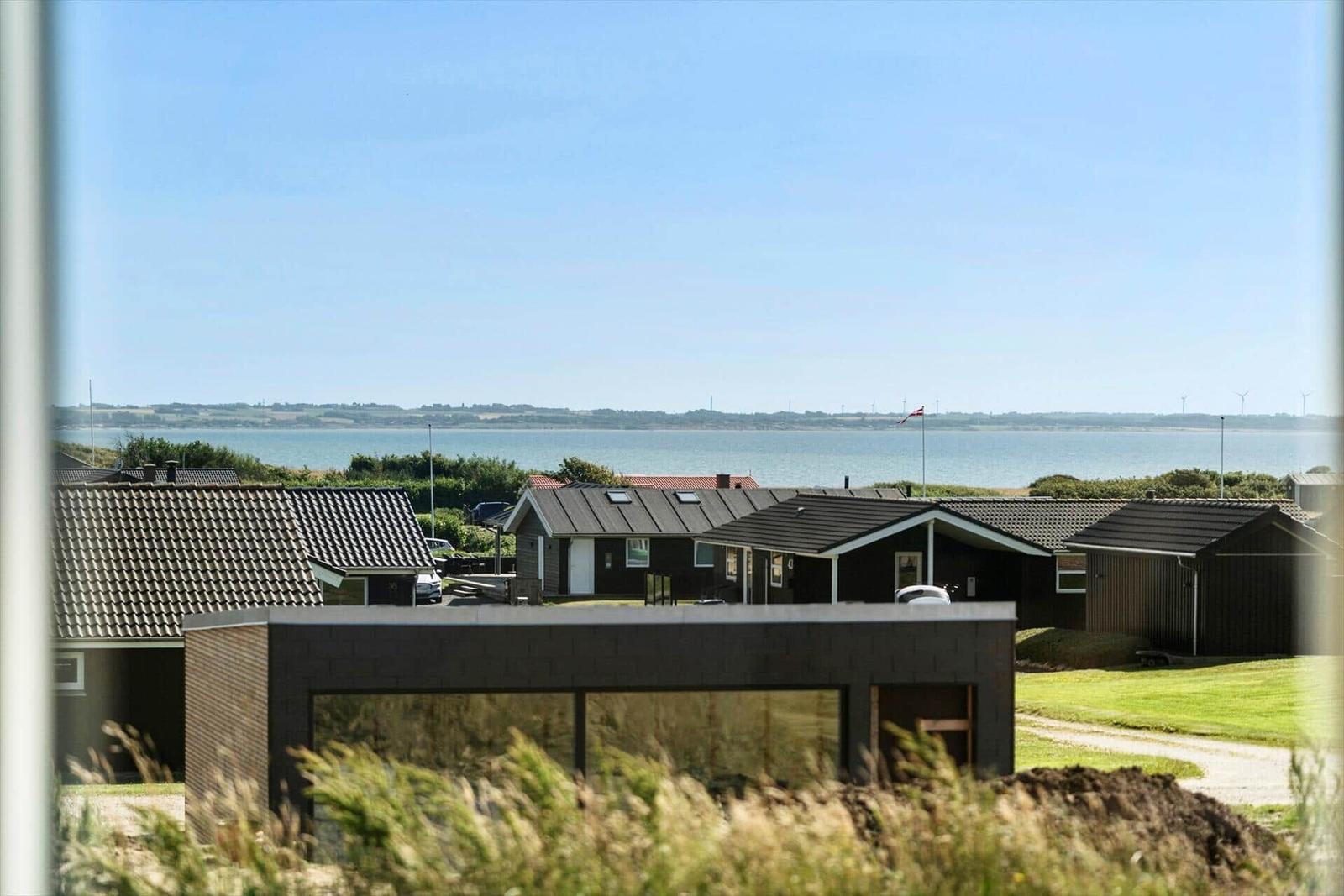 Panoramablick auf See und Häuser mit Windkraftanlagen im Hintergrund.