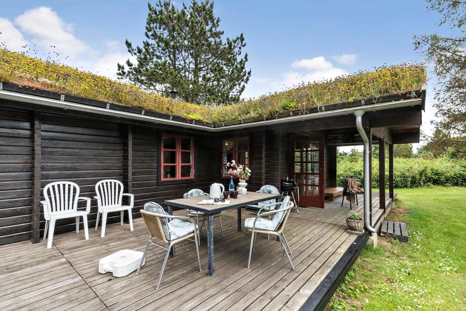 Deck with table, chairs, and grill. Roof with greenery. Background with trees and grass.