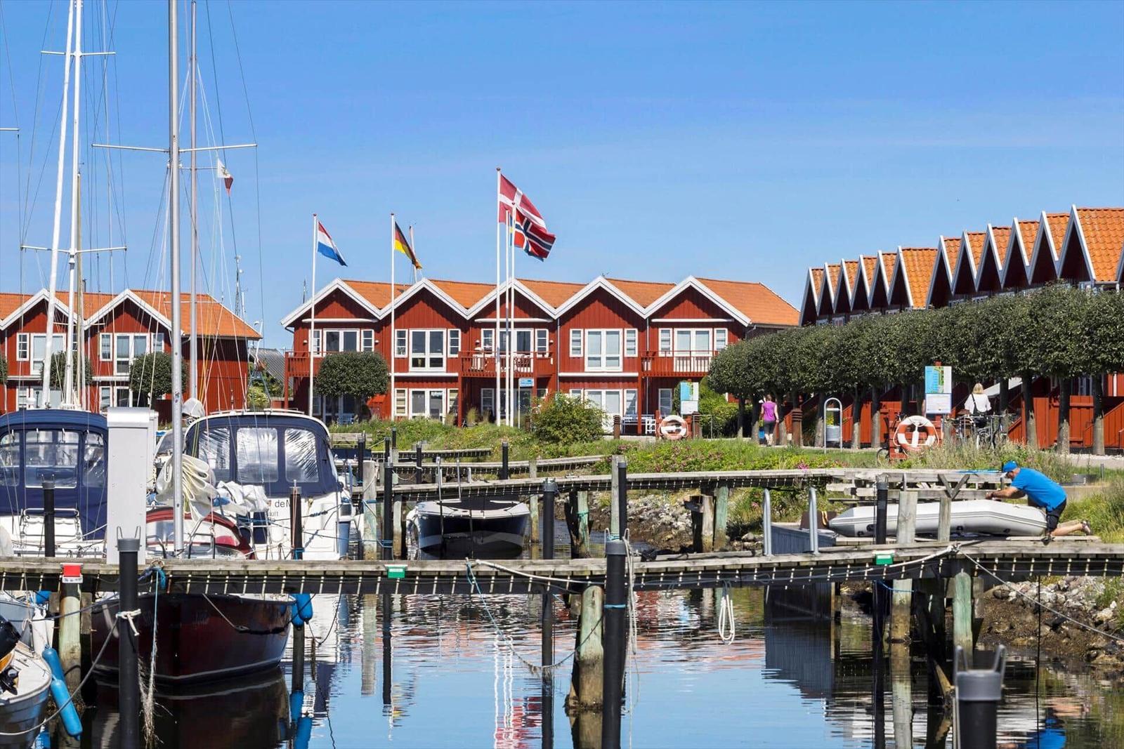 Red wooden houses by the harbor with sailboats and flags.
