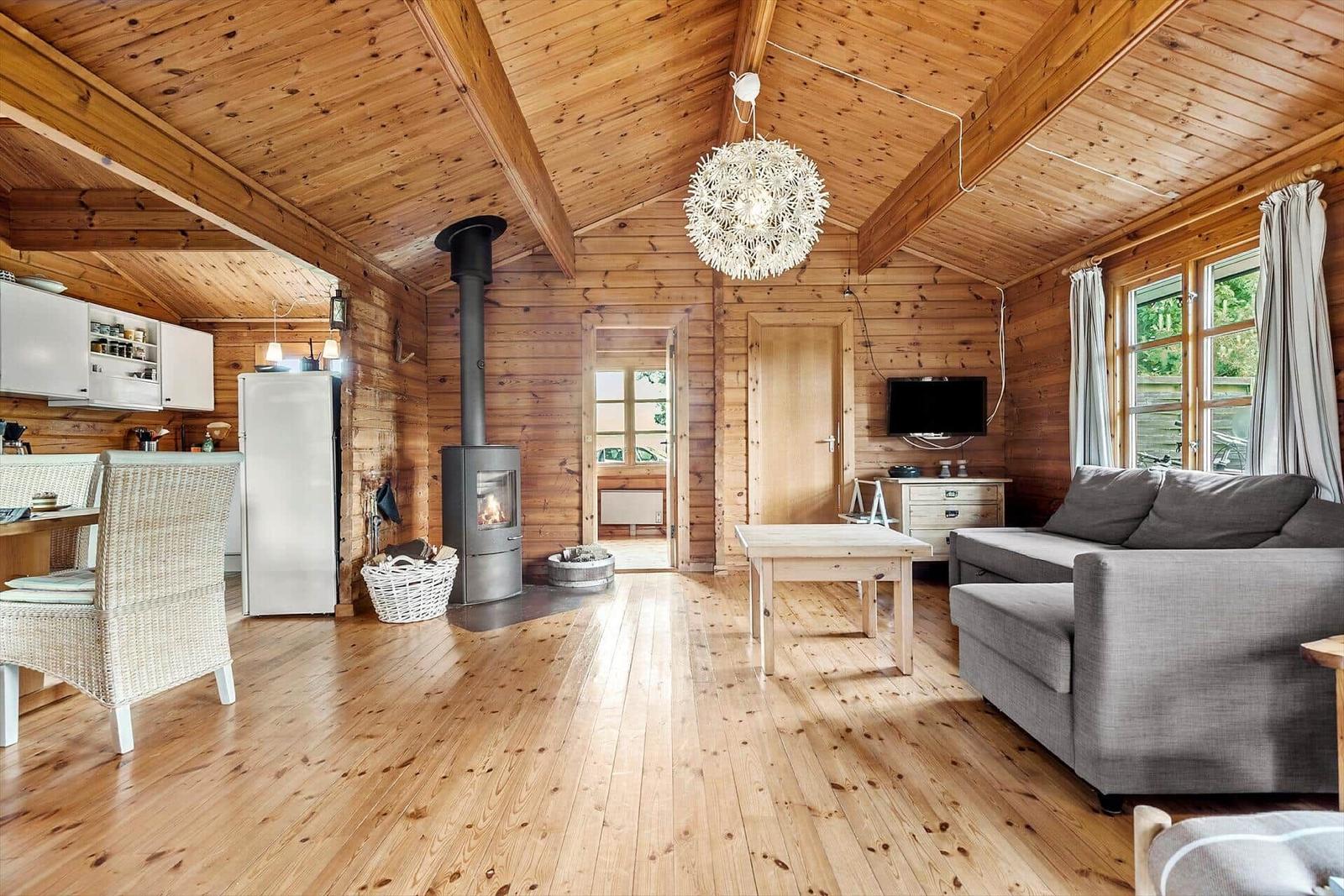 Living space with wooden ceiling, wood stove, sofa, and kitchen area.