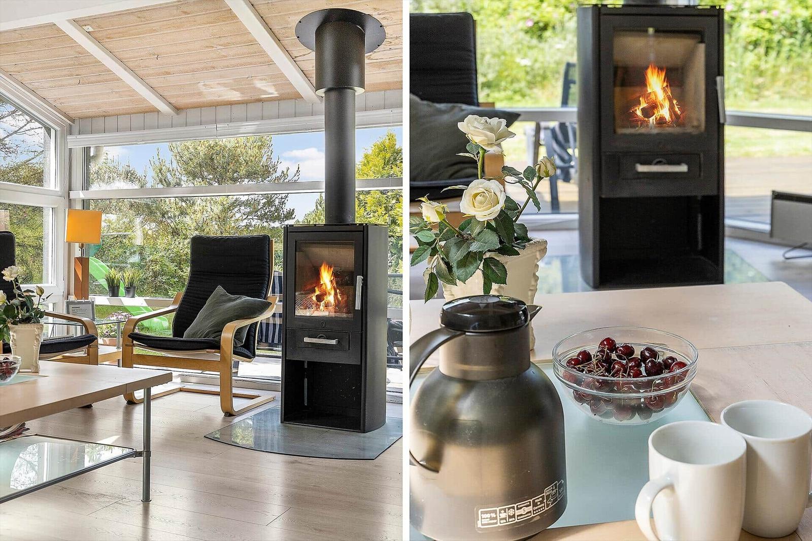 Kamin im Wohnbereich mit Sitzgelegenheiten und Blick auf die Natur.