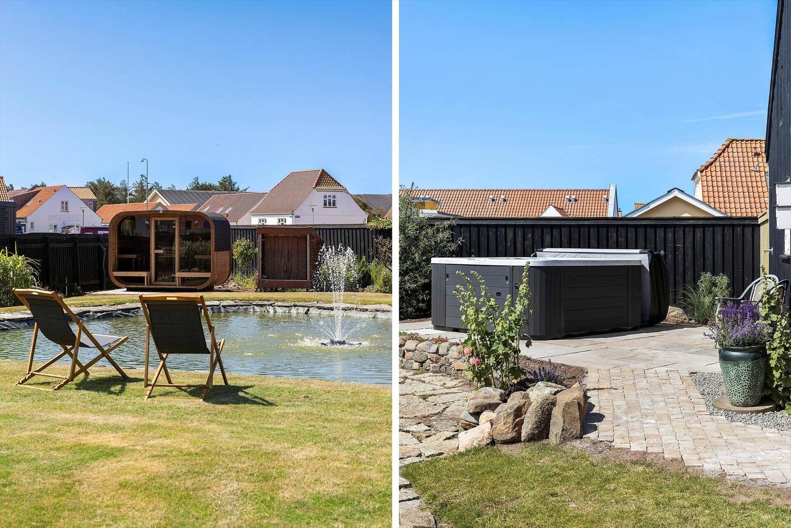 Garden with pond, loungers, and hot tub. Background: houses and fence.