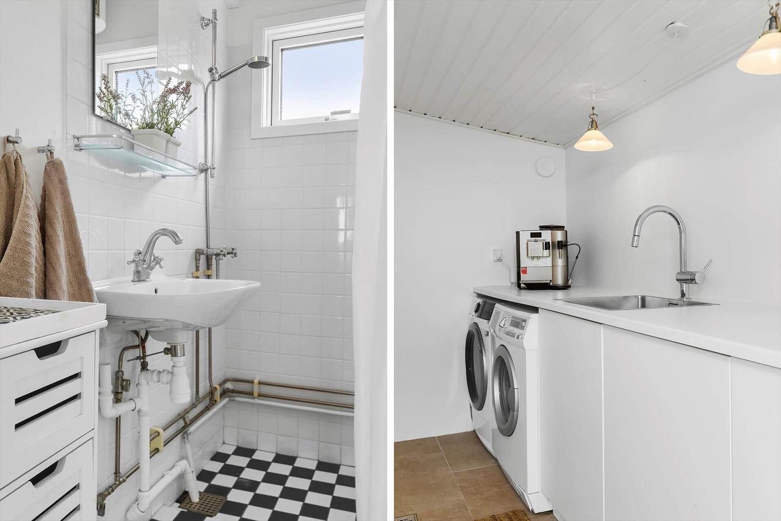 Bathroom with shower and sink. Adjacent room with washing machine and coffee machine.