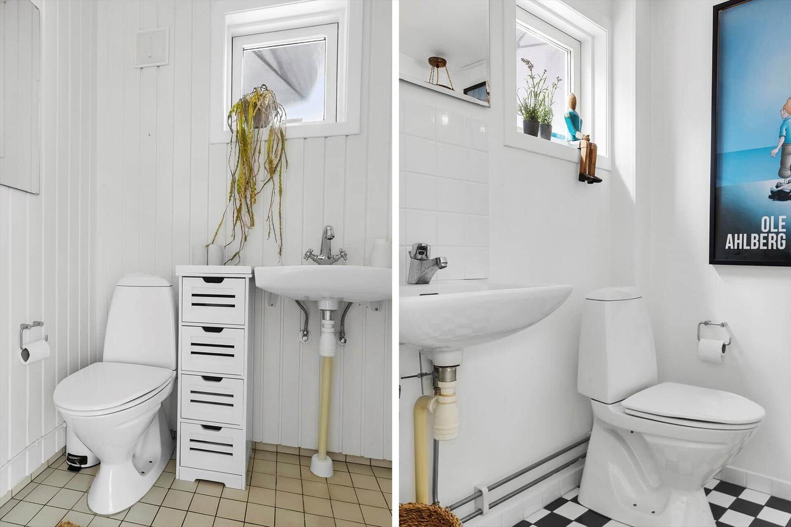Bathroom with toilet, sink, and window. Wall unit and poster visible.