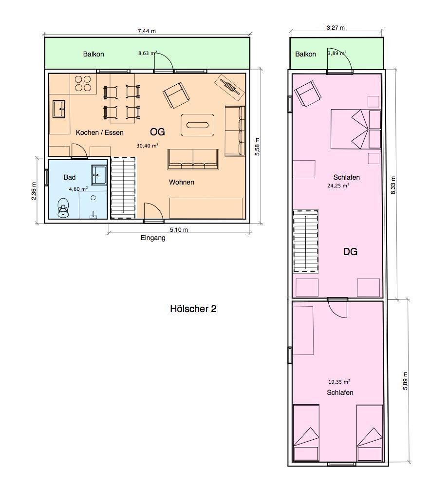 Obergeschoss mit Wohn- und Essbereich, Bad und Balkon. Untergeschoss mit Schlafzimmern und Balkon.