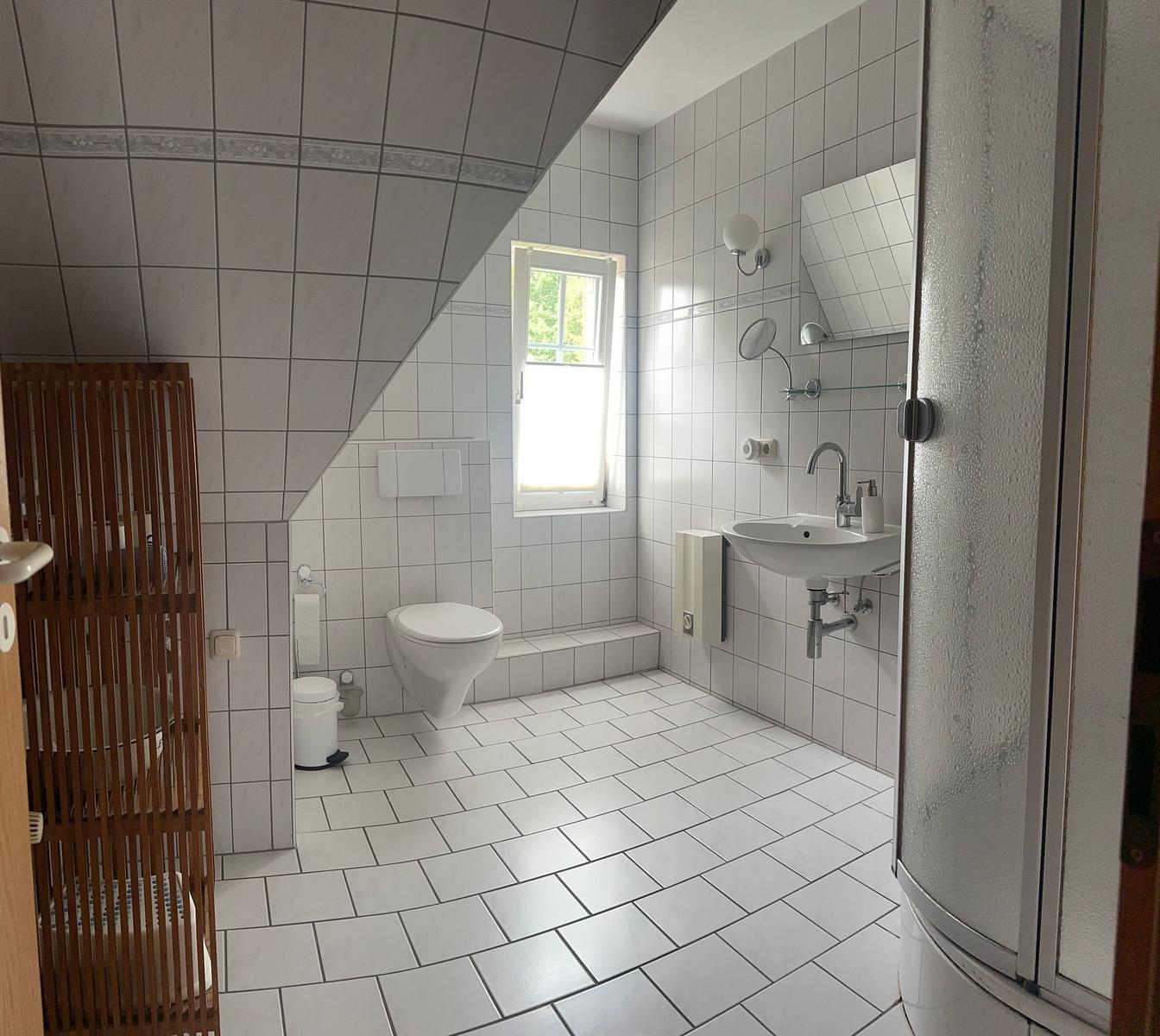 Badezimmer mit Dusche, Waschbecken und WC unter Dachschrägen.