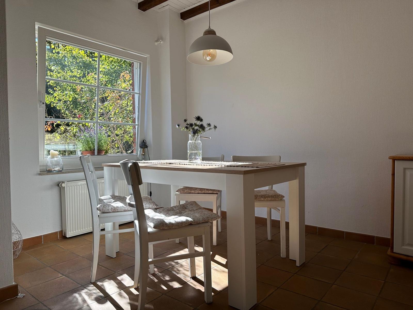 Esszimmer mit Tisch, Stühlen und Fensterblick auf Garten.