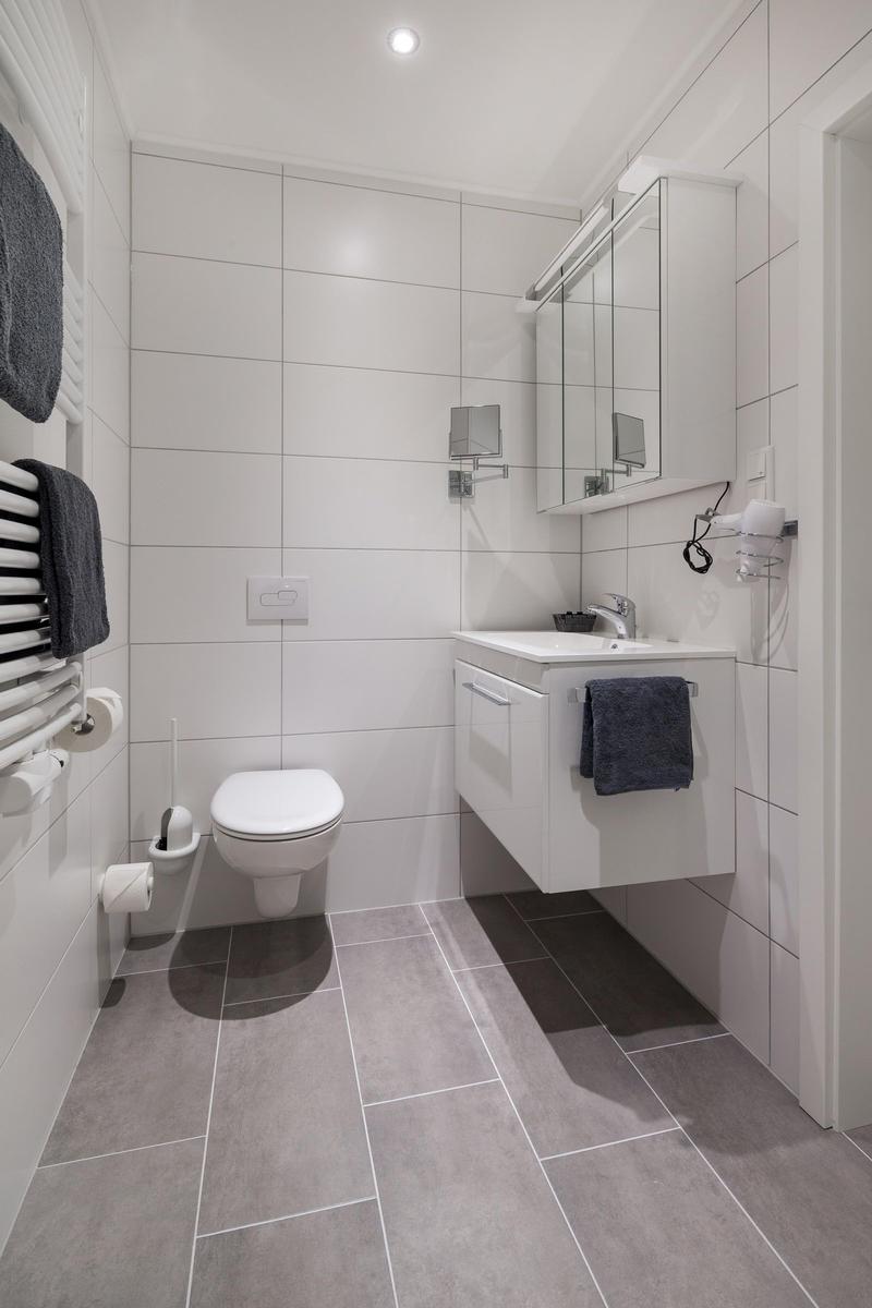 Badezimmer mit Toilette, Waschbecken und Spiegelschrank. Graue Fliesen und weiße Wandfliesen.