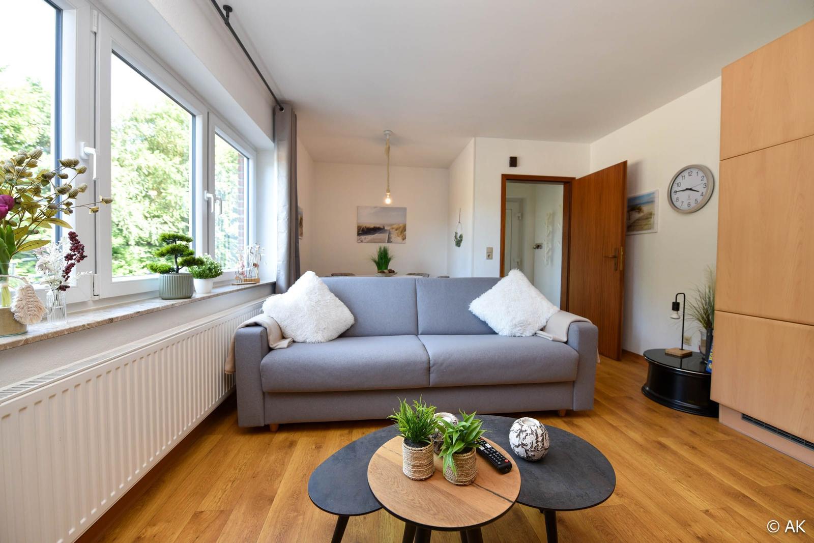 Wohnzimmer mit grauem Sofa, Holzboden und Fenster mit Blick auf Grün.