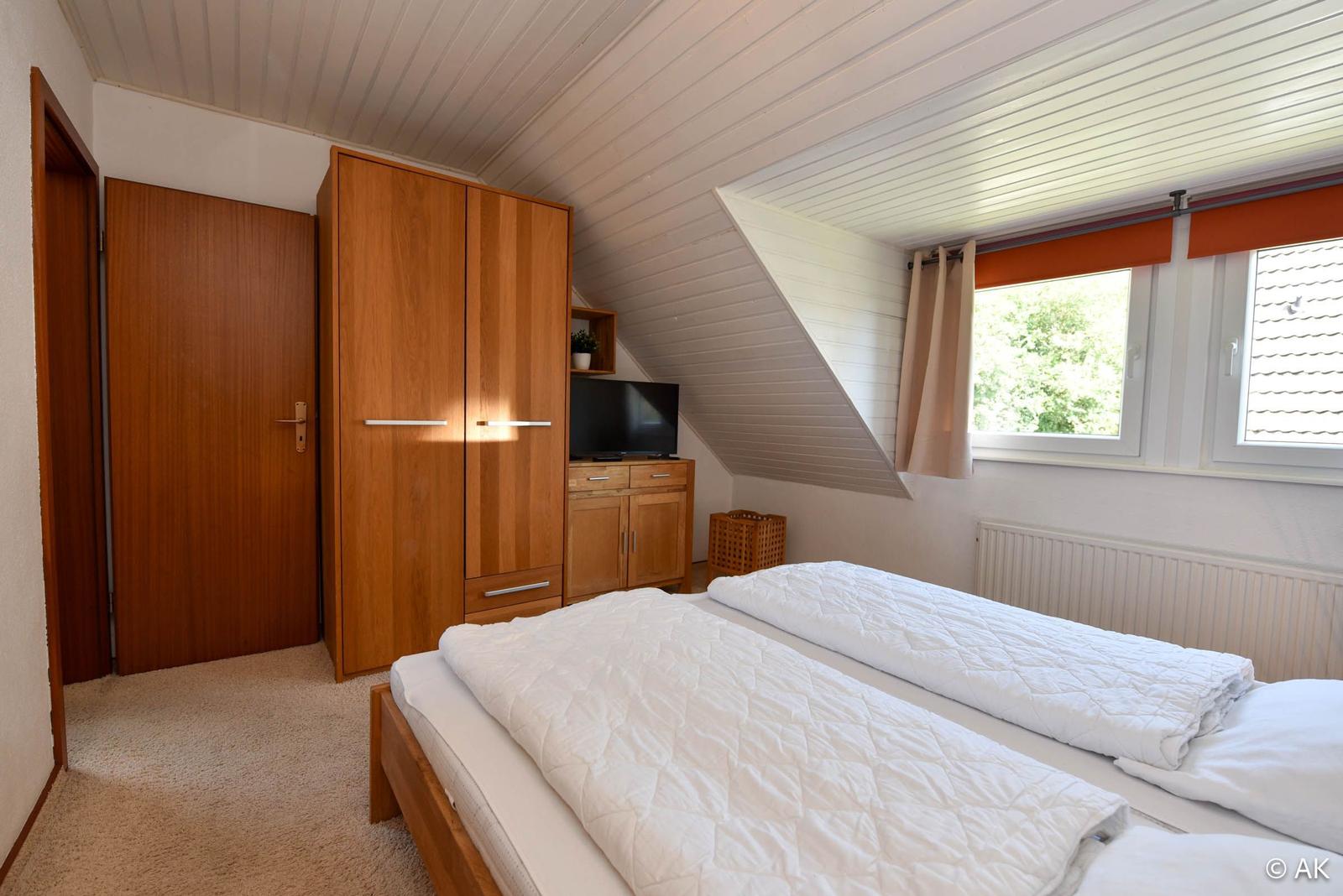 Schlafzimmer mit Doppelbett, Kleiderschrank und TV. Dachschrägen und Fenster mit Blick.