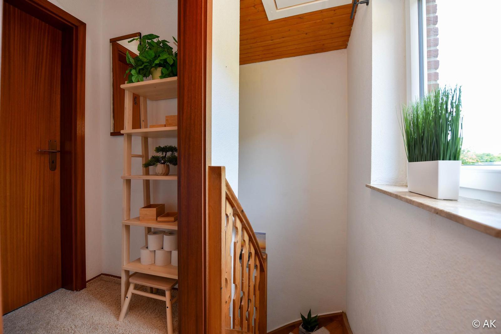 Eingangsbereich mit Holztreppe, Regal und Pflanzen an Fenster