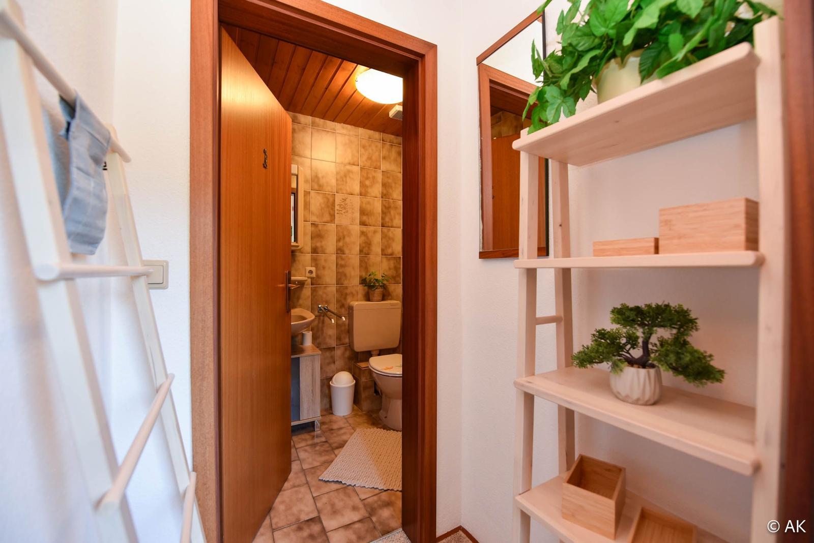 Badezimmer mit Toilette und Waschbecken. Holzdekor und Pflanzen.