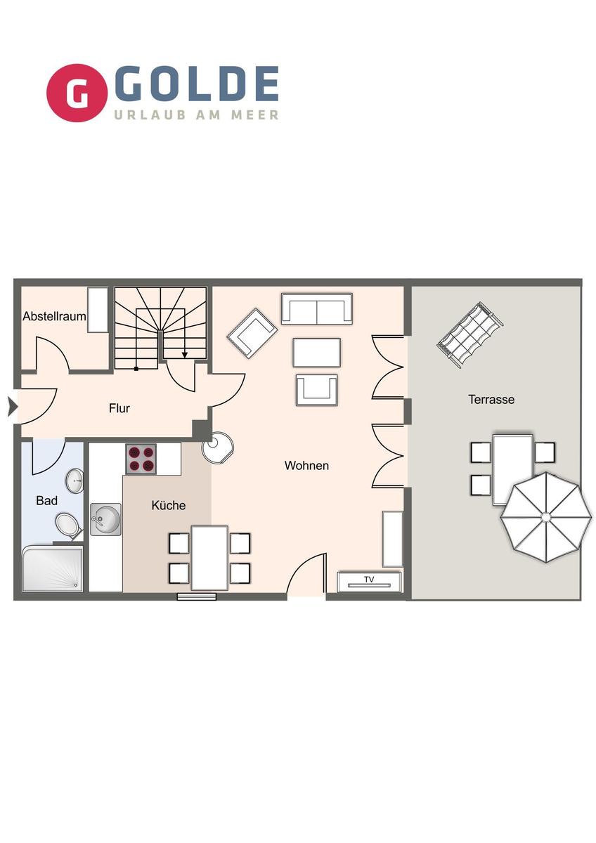 Wohnung mit Küche, Bad, Terrasse und Wohnbereich mit TV.