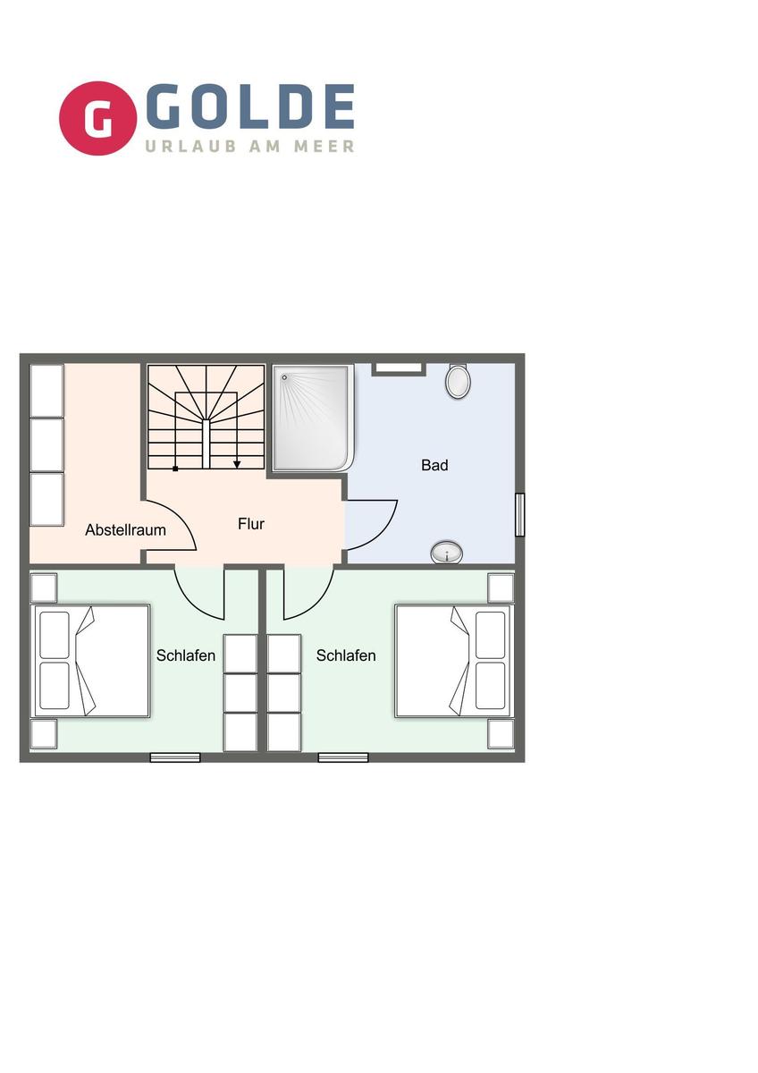 Dieses Stockwerk hat zwei Schlafzimmer, ein Bad und einen Aufenthaltsraum mit Treppe.