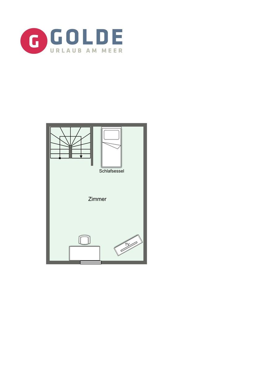 Zimmer mit Schlafsessel, Schreibtisch und TV. Fenster mit Jalousie.