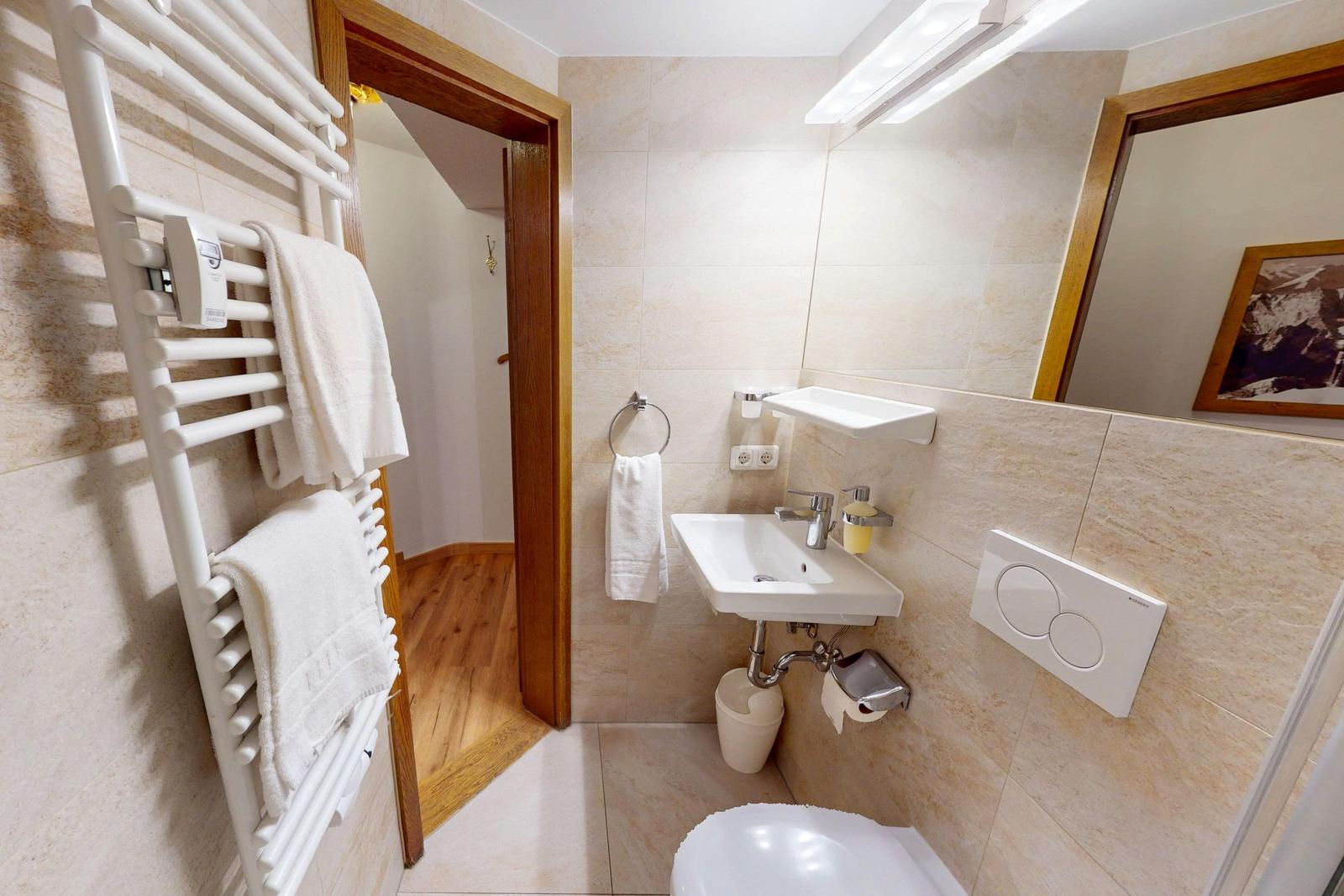 Badezimmer mit Dusche, Waschbecken und Heizkörper.