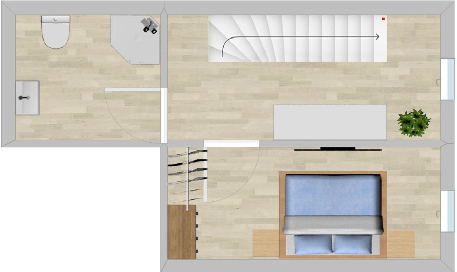 Schlafzimmer mit Bett, Kleiderschrank und Pflanze. Nebenraum mit Toilette und Dusche.