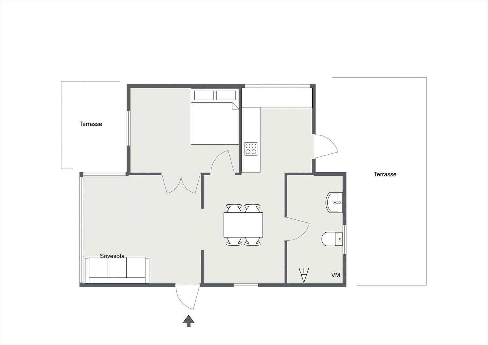 Wohnung mit Küche, Schlafzimmer, Wohnbereich und Bad. Zwei Terrassen angebracht.