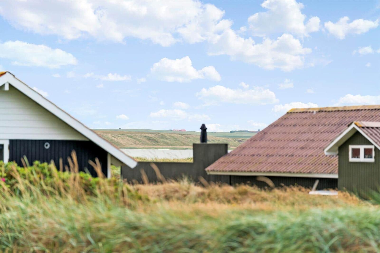 Zwei Häuser mit Dächern, umgeben von Gras und einem Feld unter blauem Himmel mit Wolken.