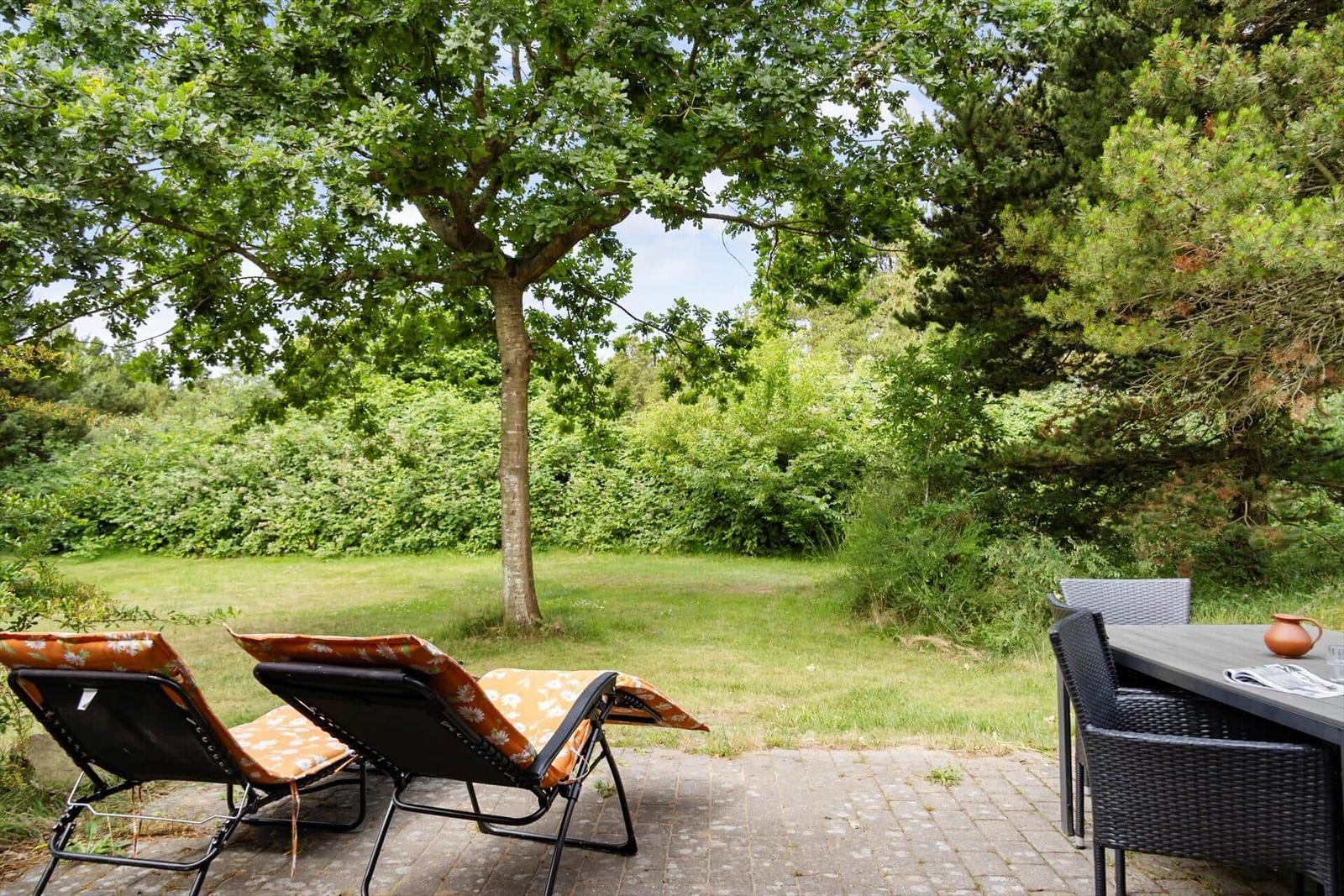 Terrasse mit Liegestühlen und Tisch unter Bäumen.