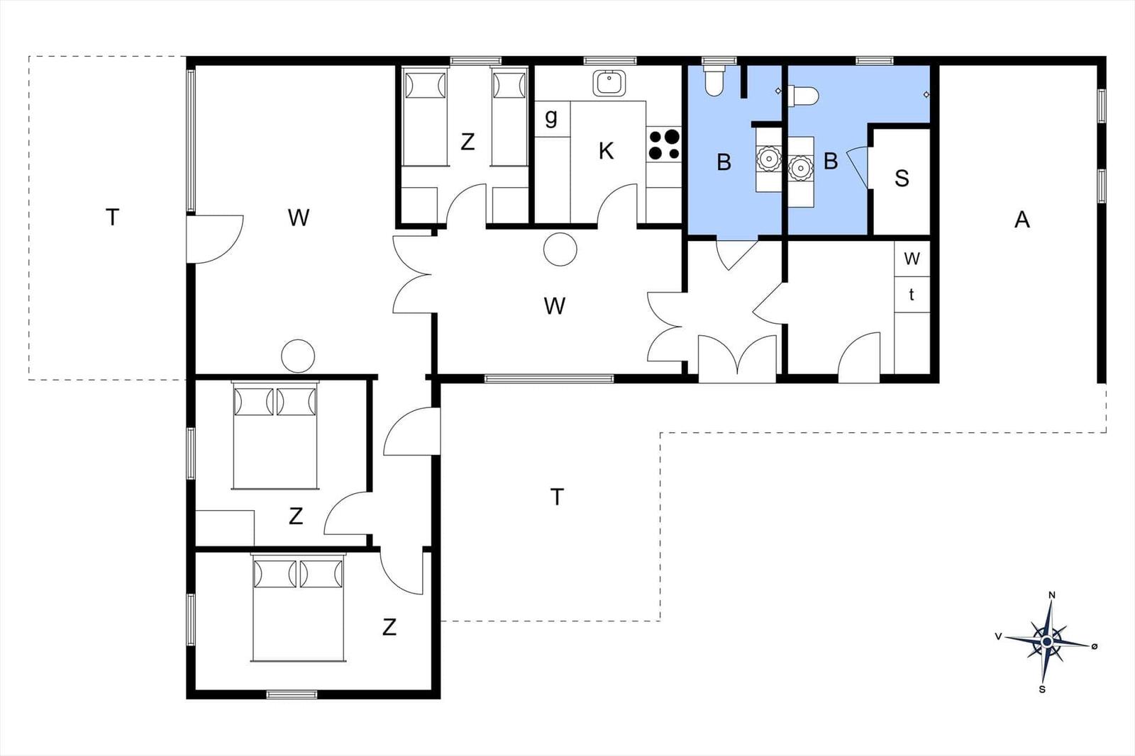 Wohnung mit drei Schlafzimmern, Küche und Bad. Plan zeigt Raumverteilung.