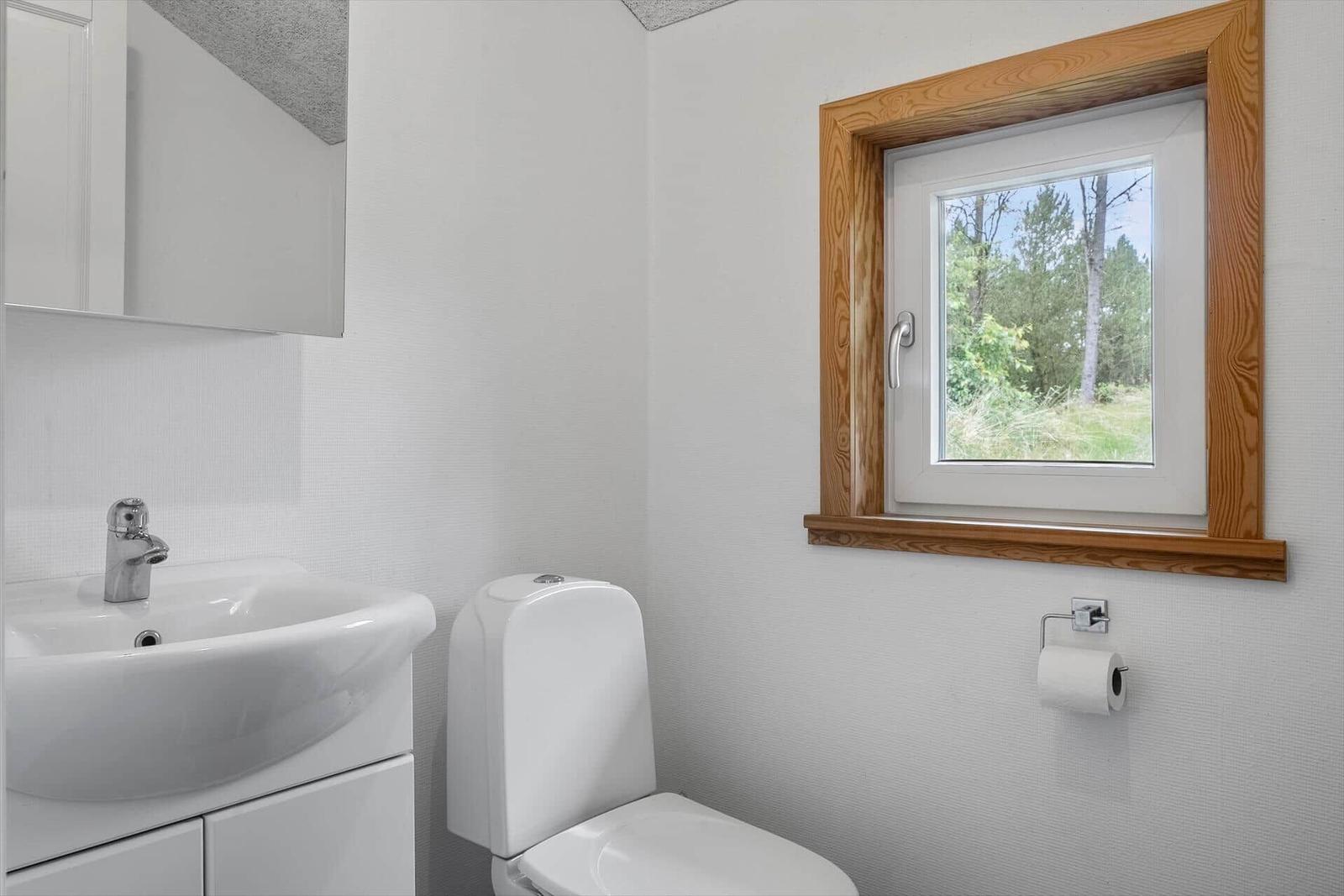 Badezimmer mit Toilette, Waschbecken und Fenster zum Wald.