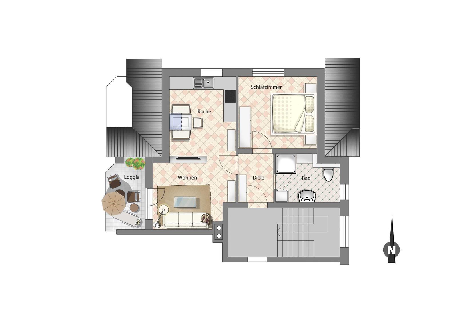 Wohnung mit Küche, Schlafzimmer, Bad und Loggia. Treppenhaus im Erdgeschoss.