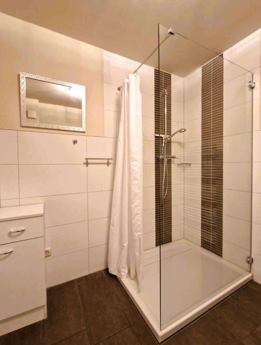Badezimmer mit Dusche, Spiegelschrank und Waschtisch.