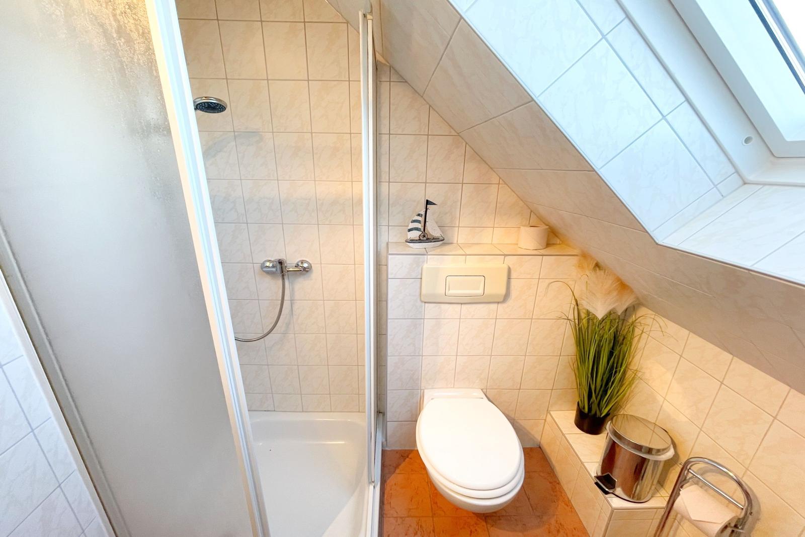 Badezimmer mit Dusche, Toilette und Dachfenster. Holzfußboden und Wandfliesen.