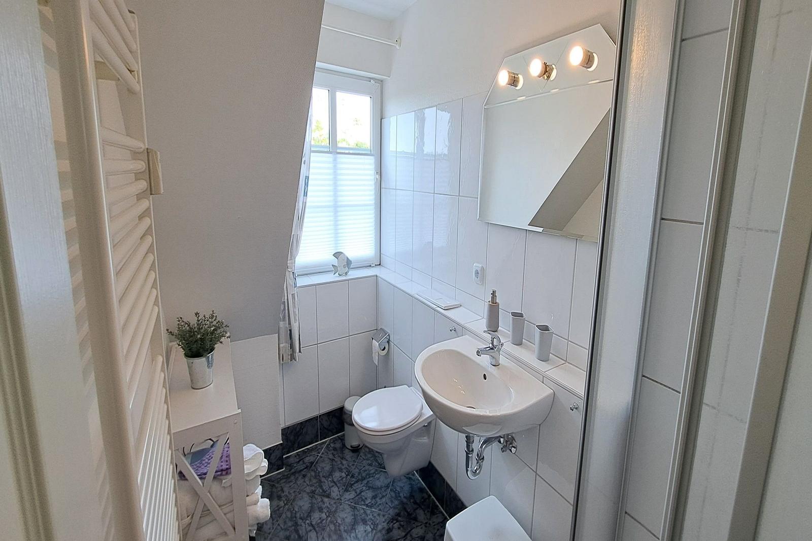 Badezimmer mit Waschbecken, Toilette und Dusche. Fenster, Spiegel und Handtuchheizung sichtbar.