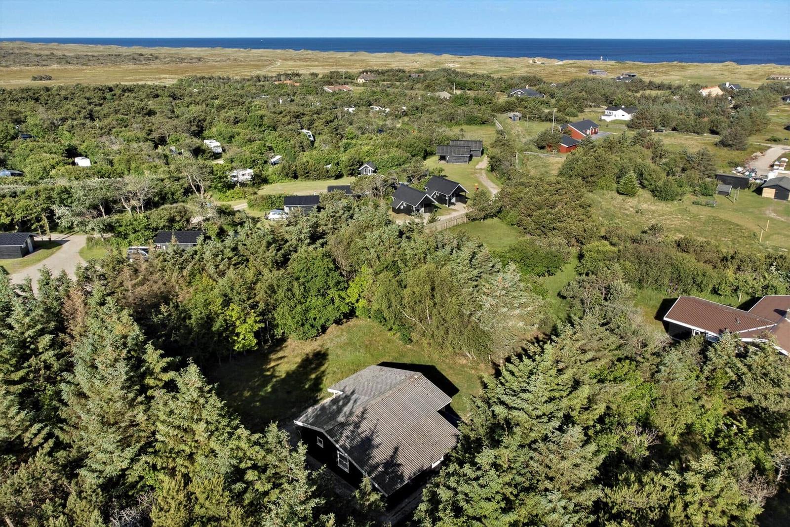 Aerial view of holiday homes surrounded by greenery and ocean in the distance.