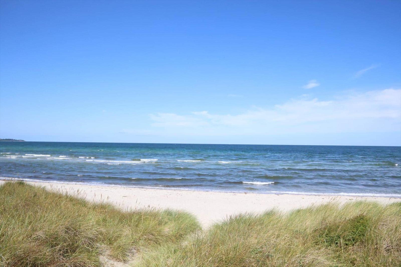 Beach with sand and grass, sea and blue sky